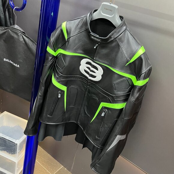 Balenciaga Oversized Leather Bikers Jacket – Jet Black / Neon - Picture 2 of 10